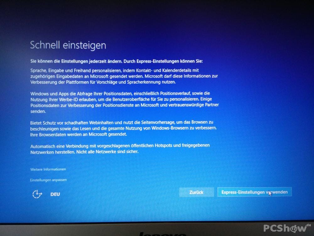 Express-Einstellungen der Windows 10 Installation