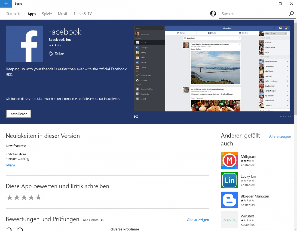 Facebook-App im Windows Store installieren