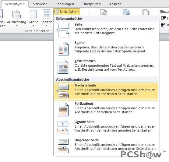 Word 2010: Abschnittsumbrüche einfügen