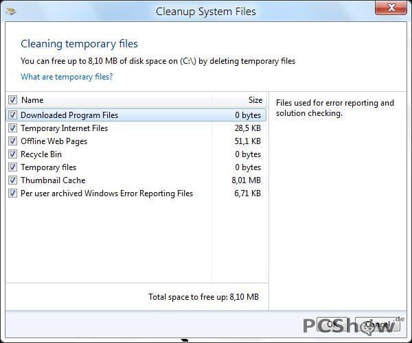 Windows 8 Build 7850 Disk Cleanup: Weiterhin Löschen temporärer Dateien möglich