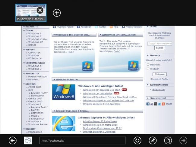 Windows 8 DP: Internet Explorer 10 mit verschiedenen Tabs