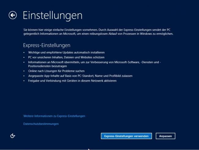 Windows 8 RP Installation: Express-Einstellungen