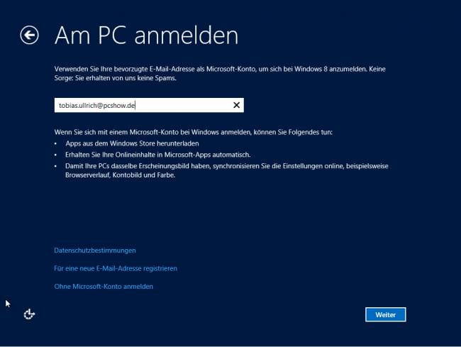 Windows 8 RP Installation: Am PC anmelden