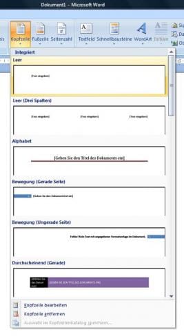 Kopfzeile in Word 2007 auswählen