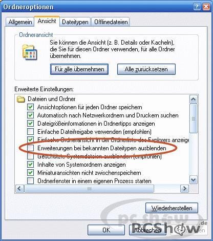 Erweiterungen bei bekannten Dateitypen ausblenden