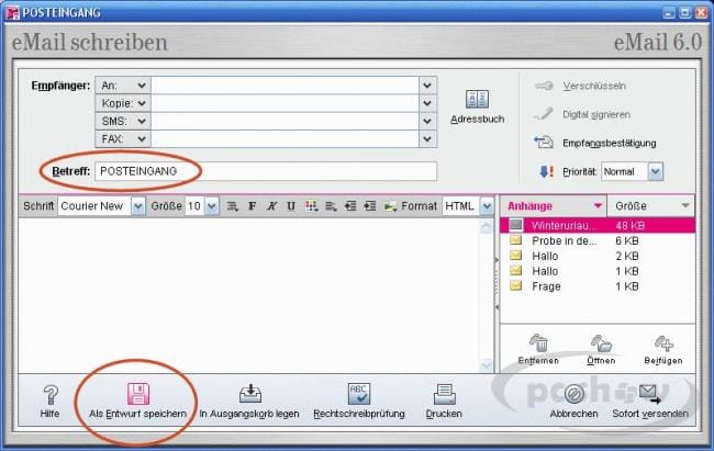 Entwurf speichern in der T-Online-Software