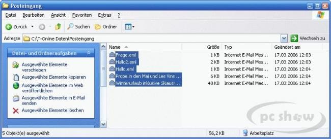 Markieren der T-Online Daten im Windows Explorer