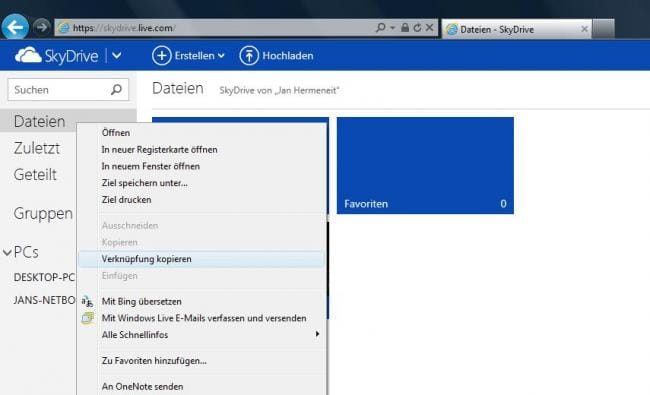 Skydrive Verknüpfung kopieren