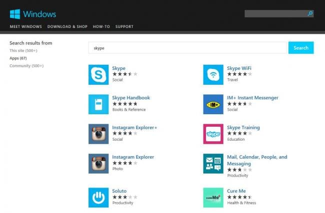 App-Suche auf der Microsoft-Webseite
