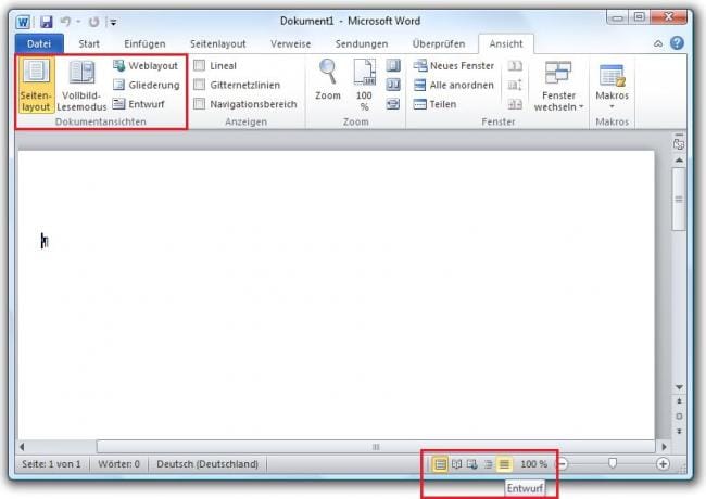 Seitenansicht in Word 2010 wechseln