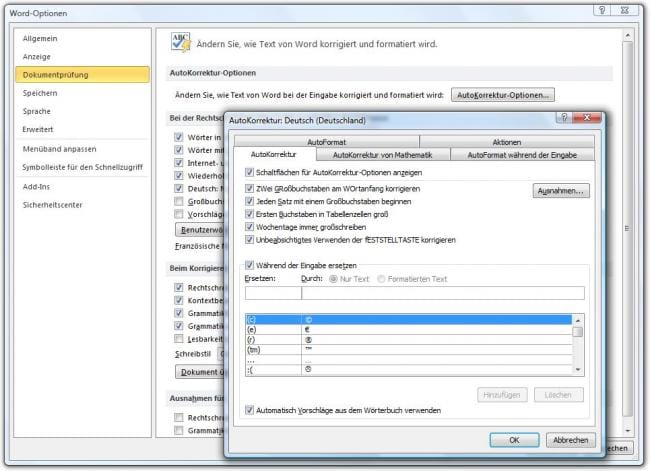 AutoKorrektur-Optionen in Word 2010
