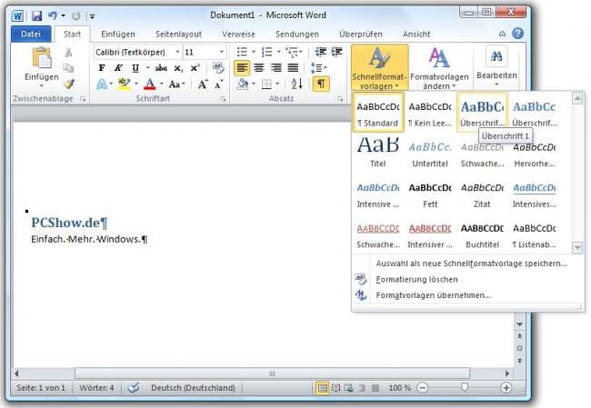 Schnellformatvorlagen in Word 2010