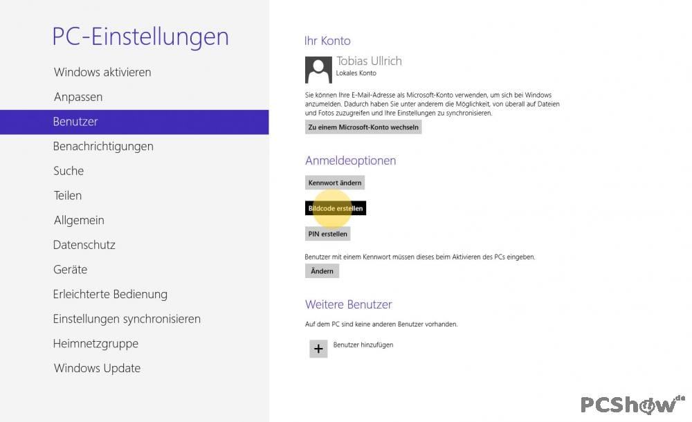 Windows 8 Einstellungen - Bildcode erstellen