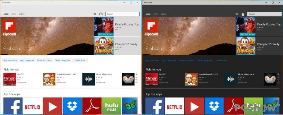 Windows 10 Store in heller und dunkler Oberfläche