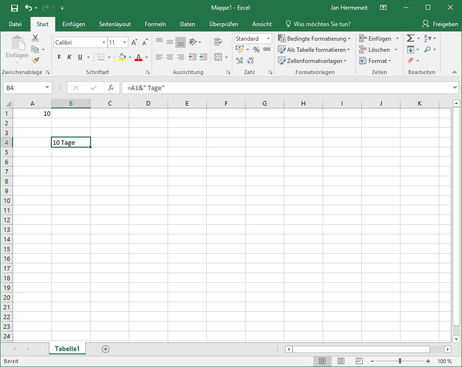 Text und Wert in einer Zelle in Excel 2016