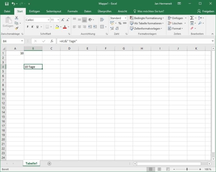 Text und Wert in einer Zelle in Excel 2016
