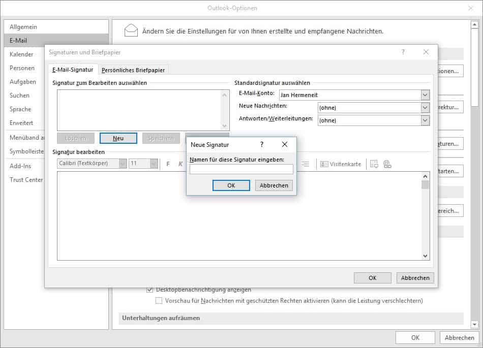 Signatur in Outlook 2016 einrichten