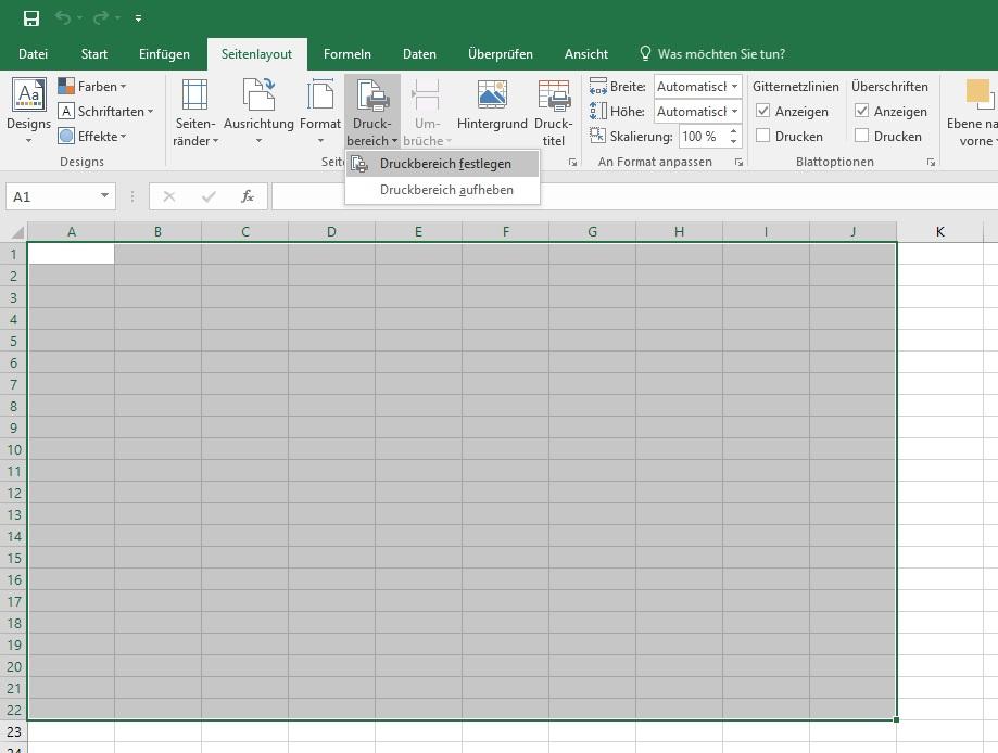 Druckbereich festlegen in Excel 2016
