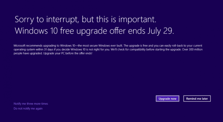 Update-Hinweis für Windows 10
