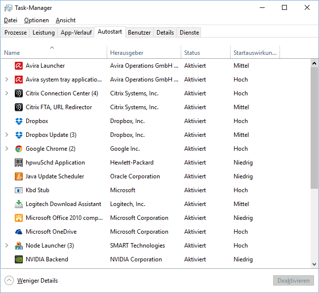 Autostart im Task-Manager in Windows 10