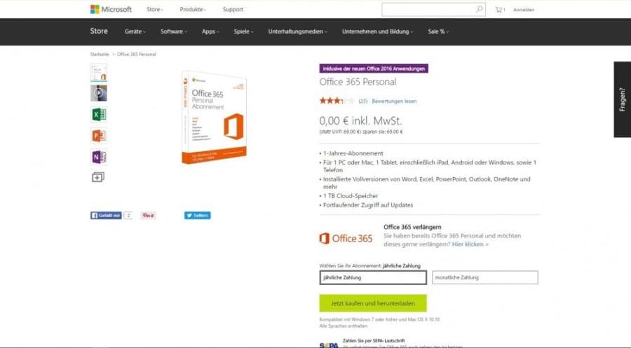 Online-Bestellvorgang von Office 365 Personal