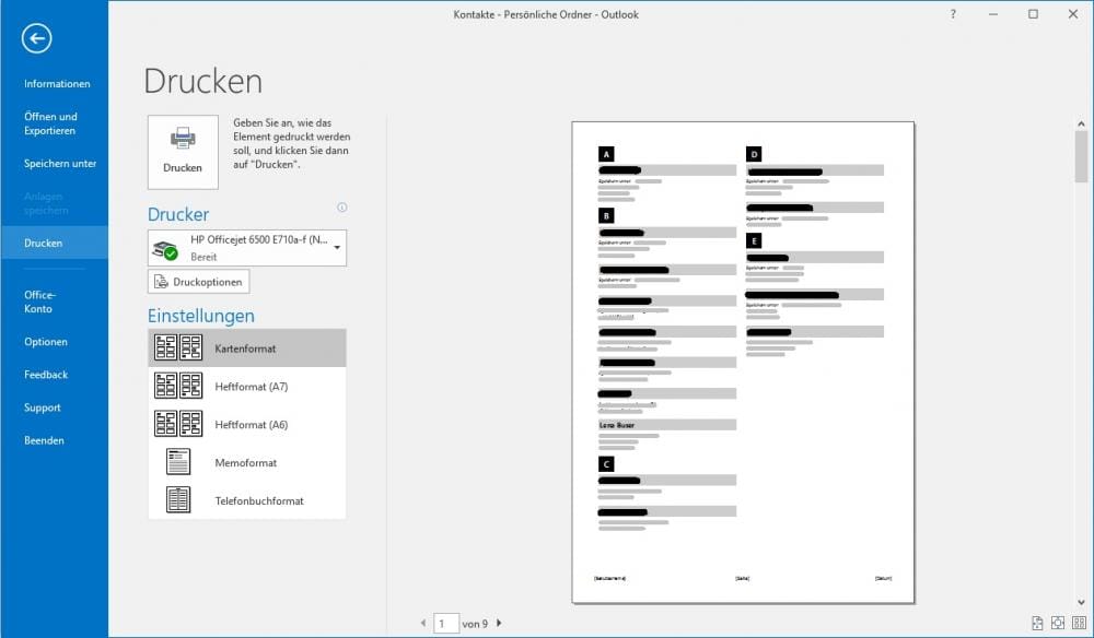 Outlook 2016 Kontakte drucken