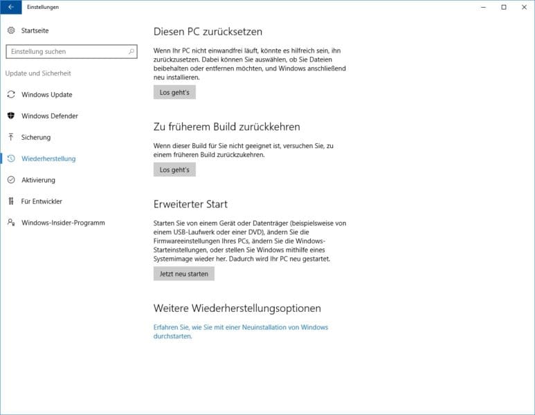 Windows 10 Wiederherstellungsoptionen