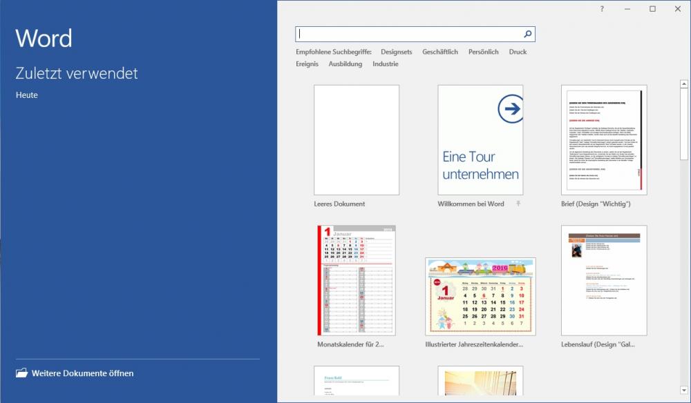 Word 2016 Vorlagen auf der Übersicht