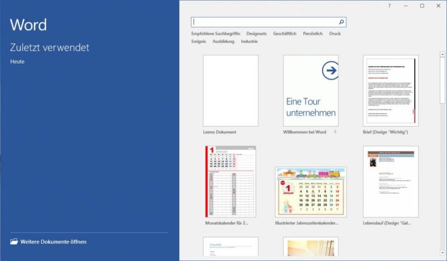 Word 2016 Vorlagen auf der Übersicht