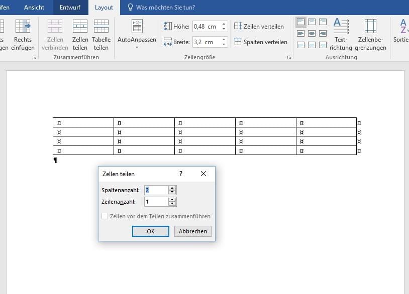 Zellen teilen in Word 2016