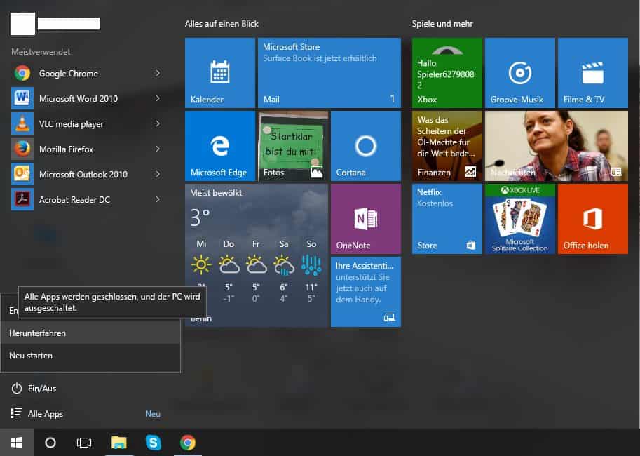 Computer in Windows 10 ausschalten