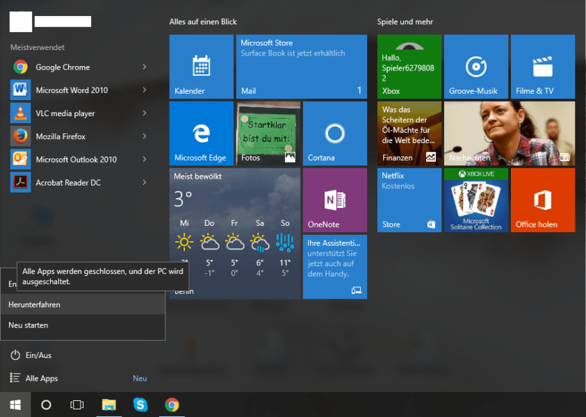 Computer in Windows 10 ausschalten