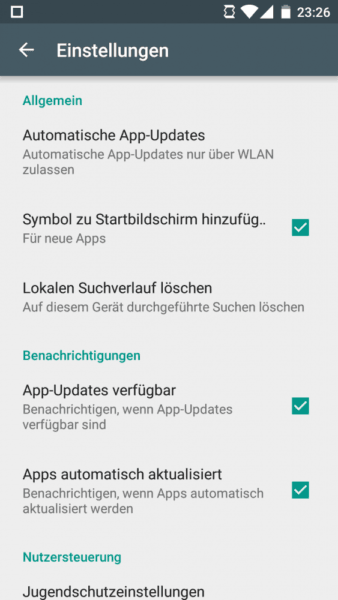 Einstellungen im Android Google Play Store
