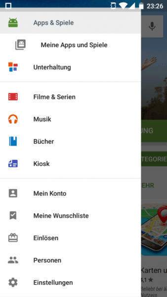 Menü im Android Google Play Store