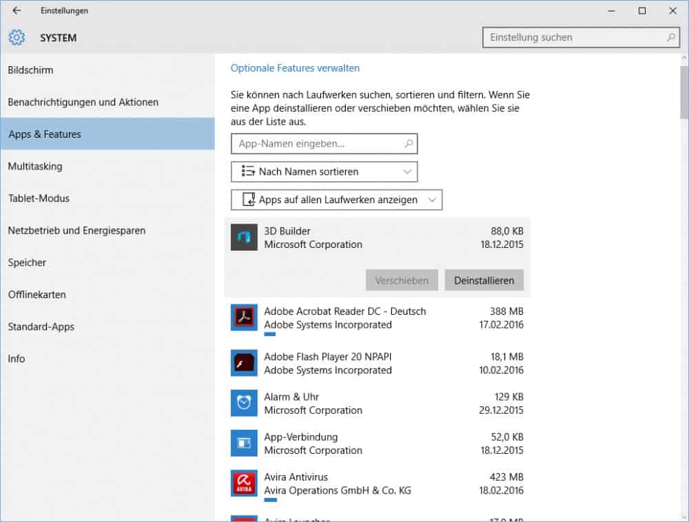 Programm deinstallieren in Windows 10