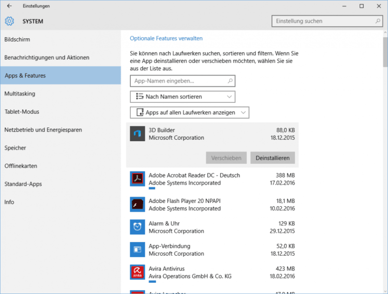 Programm deinstallieren in Windows 10