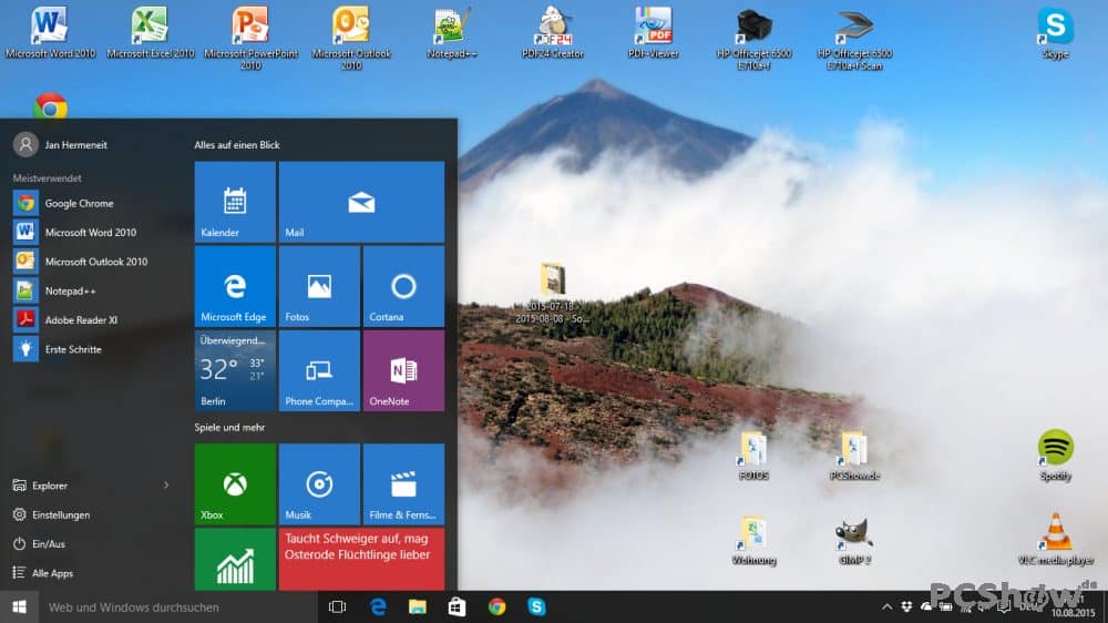 Windows 10 Desktop und Startmenü
