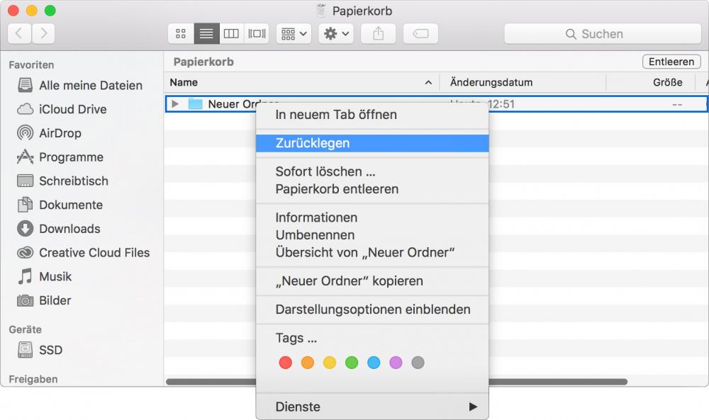 Zurücklegen aus dem Papierkorb im Mac OS X