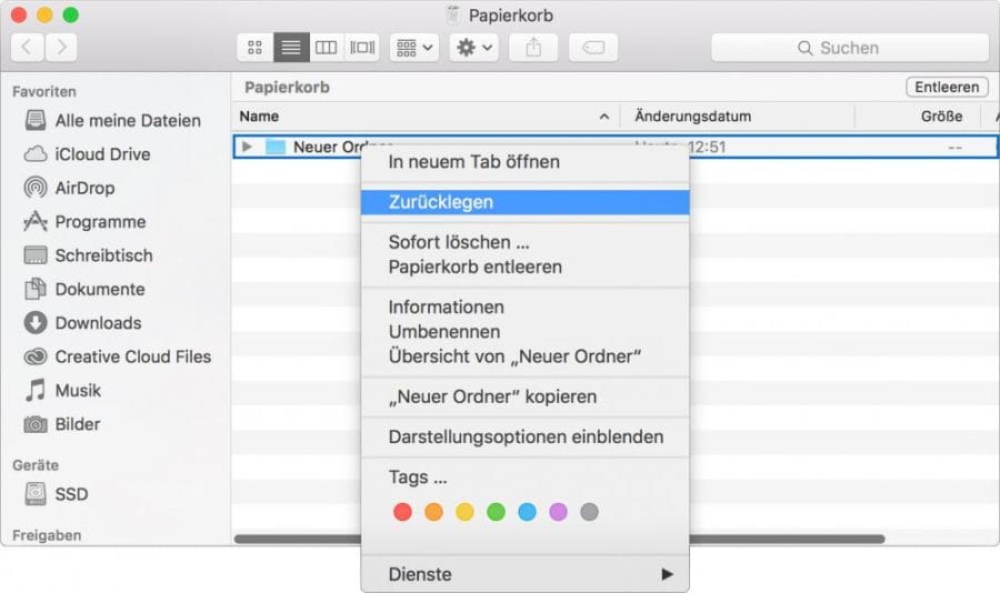 Zurücklegen aus dem Papierkorb im Mac OS X