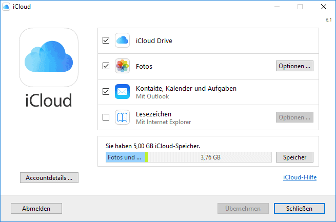 Einstellungen iCloud für Windows 10
