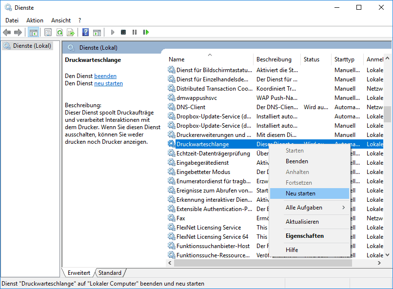 Windows 10 Druckerwarteschlange neu starten
