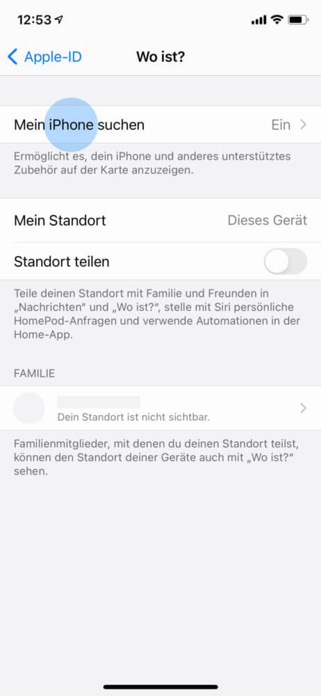 Find My iPhone bzw mein iPhone suchen auswählen
