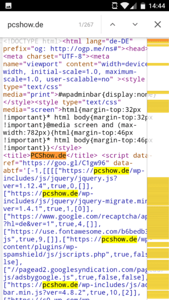 Quelltext Chrome in Android durchsuchen