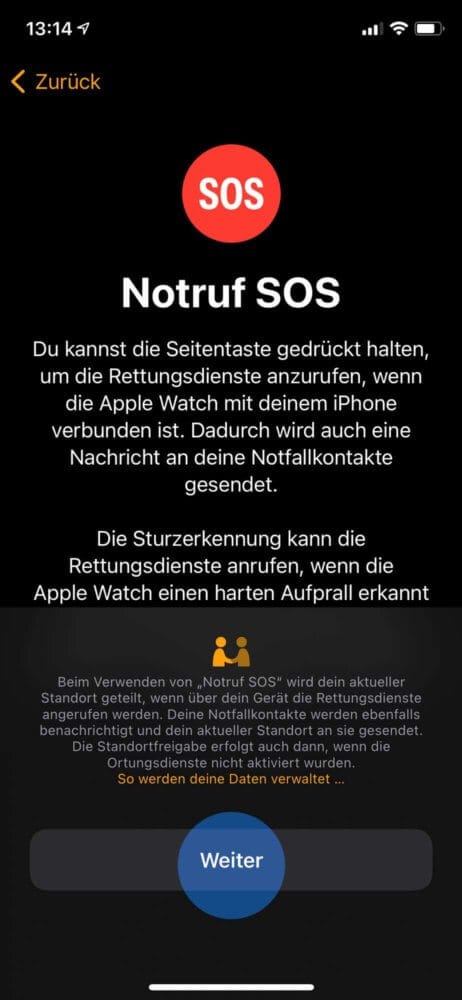 Beim Apple Watch einrichten den Notruf aktivieren
