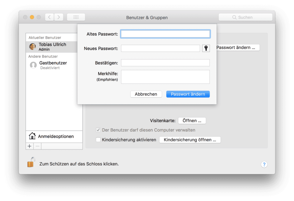Mac Passwort einrichten