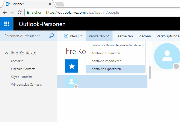 Windows Phone Kontakte auf Android - Outlook Web Kontakte exportieren