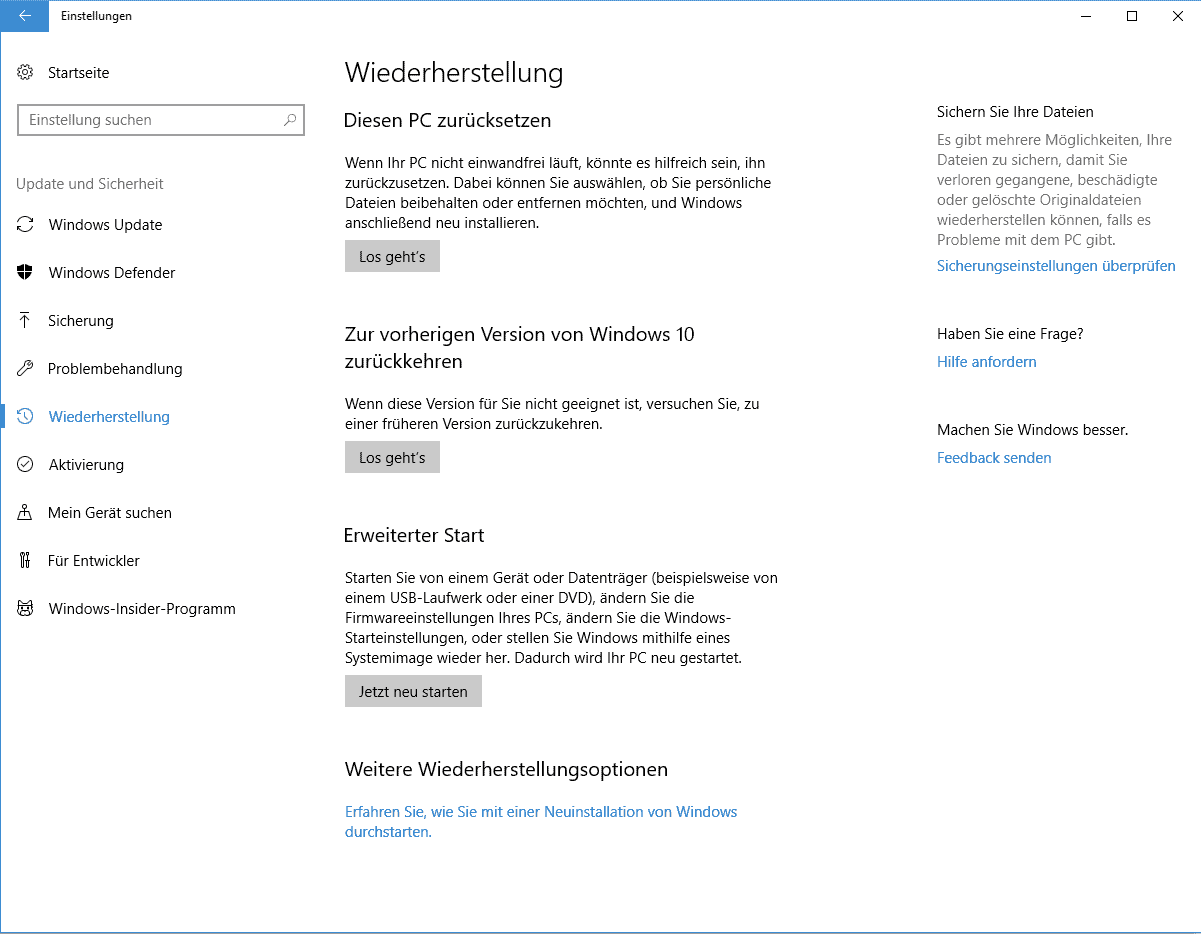 Windows 10 clean Install über Wiederherstellungen starten