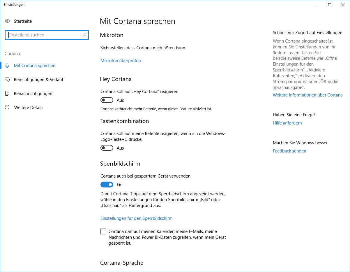 Cortana deaktivieren in den Einstellungen