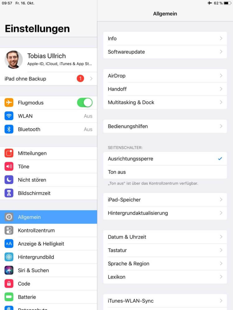 iPad Bildschirm drehen - Ausrichtungssperre