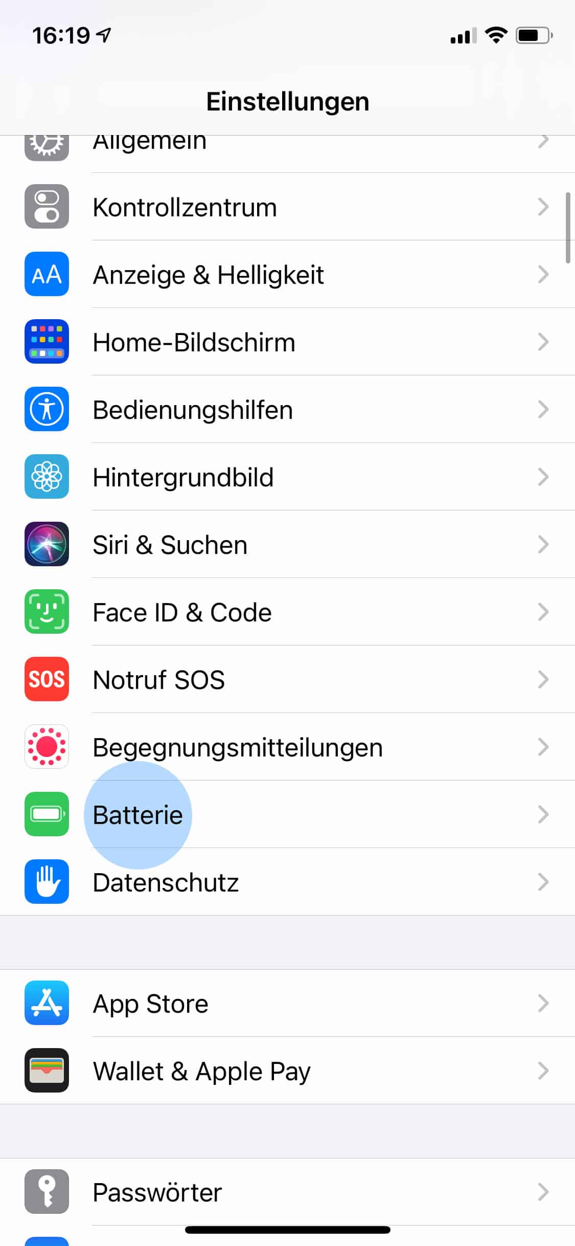 iPhone Batterie in Einstellungen auswählen